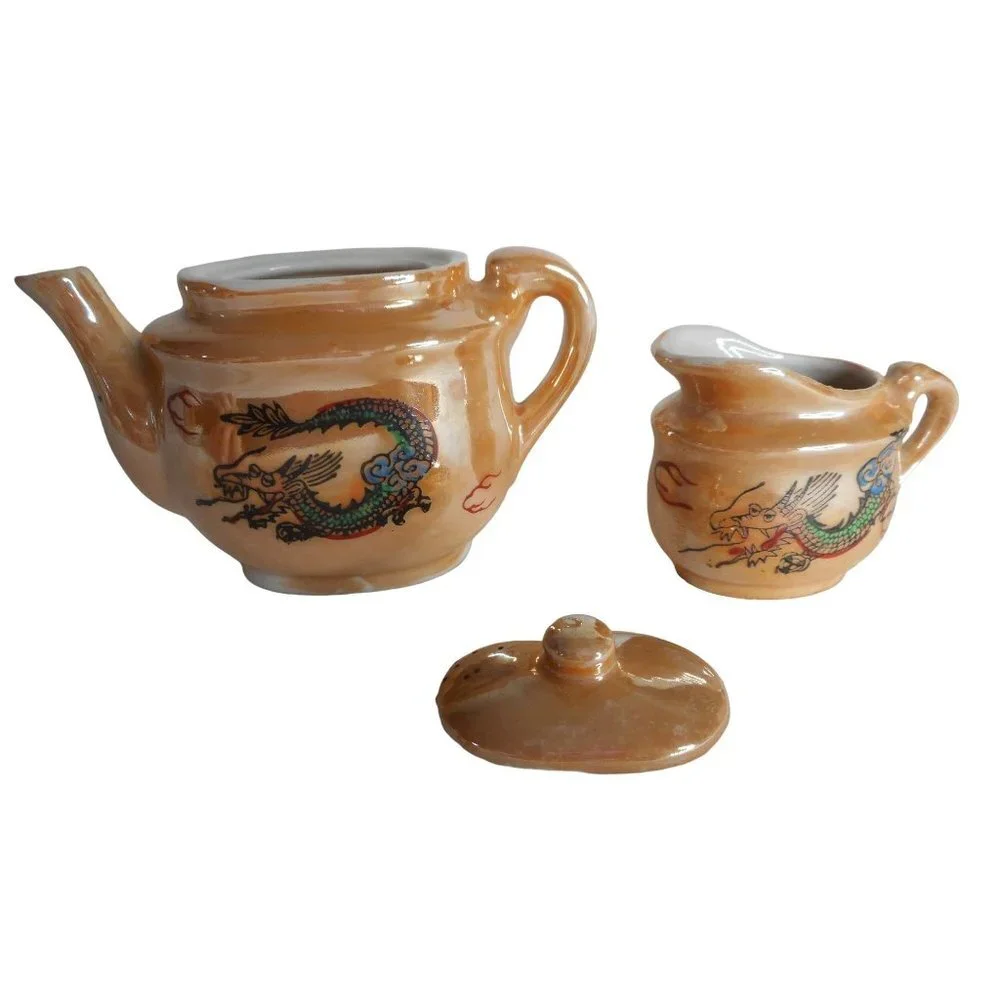 Vintage 10 piece Japan peach lusterware child's tea set with dragon - Picture 10 of 12